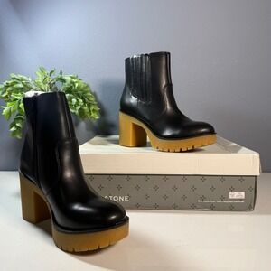 SUN STONE Black Side Zip Lug Sole Block Heel Ankle Boots 5.5M